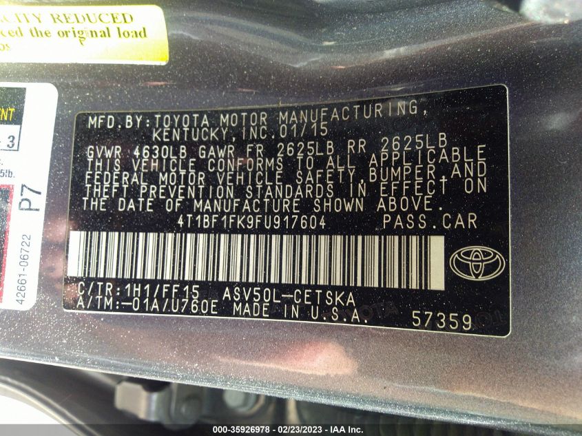 2015 TOYOTA CAMRY XLE/SE/LE/XSE - 4T1BF1FK9FU917604