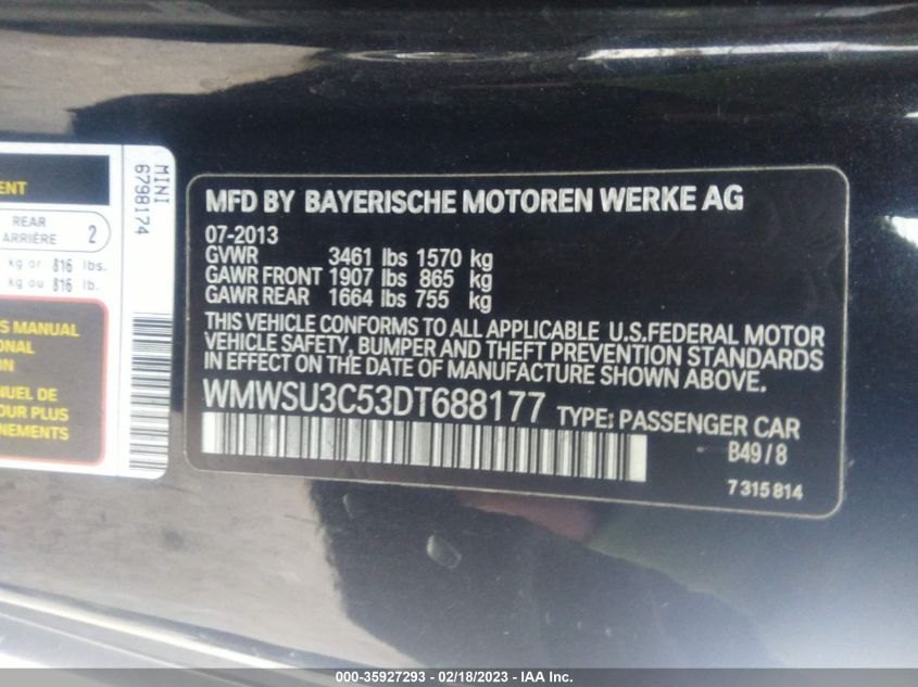 2013 MINI COOPER HARDTOP - WMWSU3C53DT688177