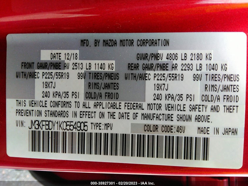 VIN JM3KFBDY1K0554905 2019 MAZDA CX-5 GRAND TOURING RESERVE