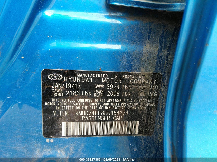 VIN KMHD74LF8HU384274 2017 HYUNDAI ELANTRA SE