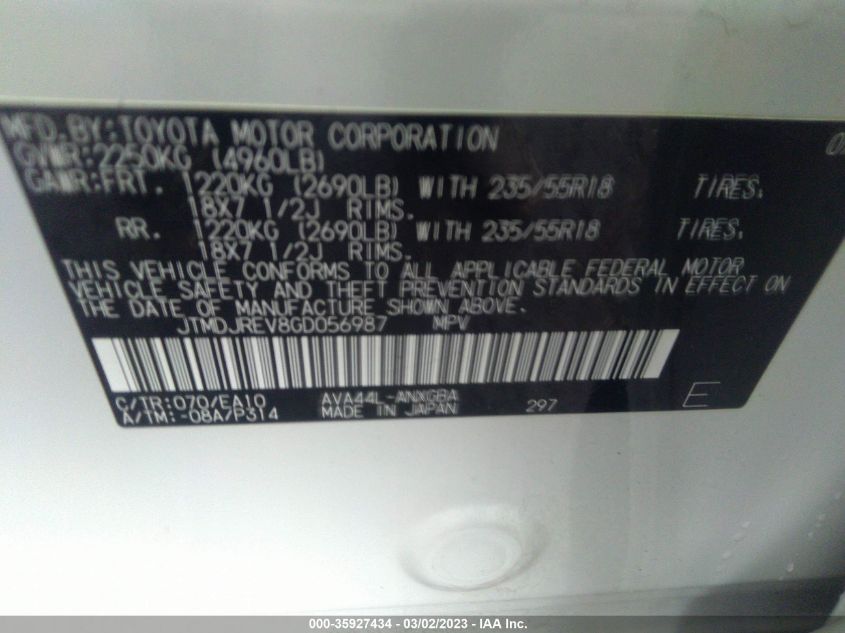 2016 TOYOTA RAV4 HYBRID LIMITED JTMDJREV8GD056987