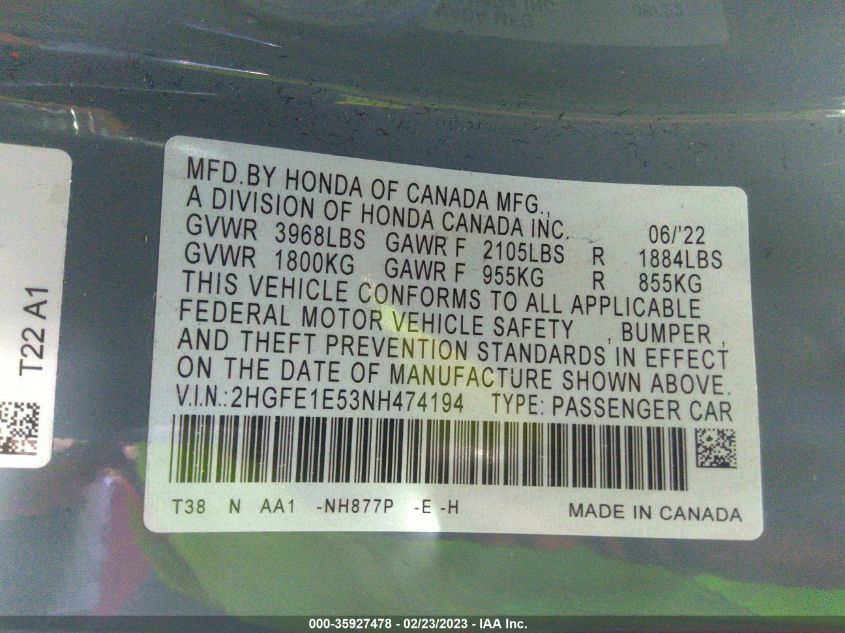 2022 HONDA CIVIC SI 2HGFE1E53NH474194