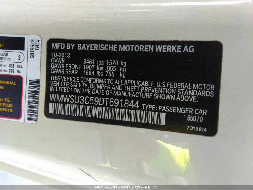2013 MINI COOPER HARDTOP - WMWSU3C59DT691844