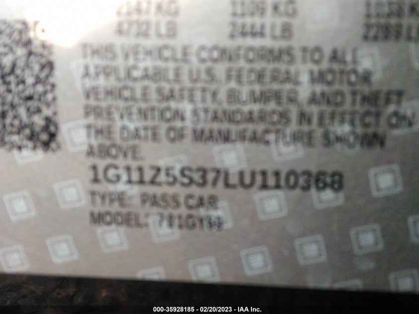VIN 1G11Z5S37LU110368 2020 CHEVROLET IMPALA LT