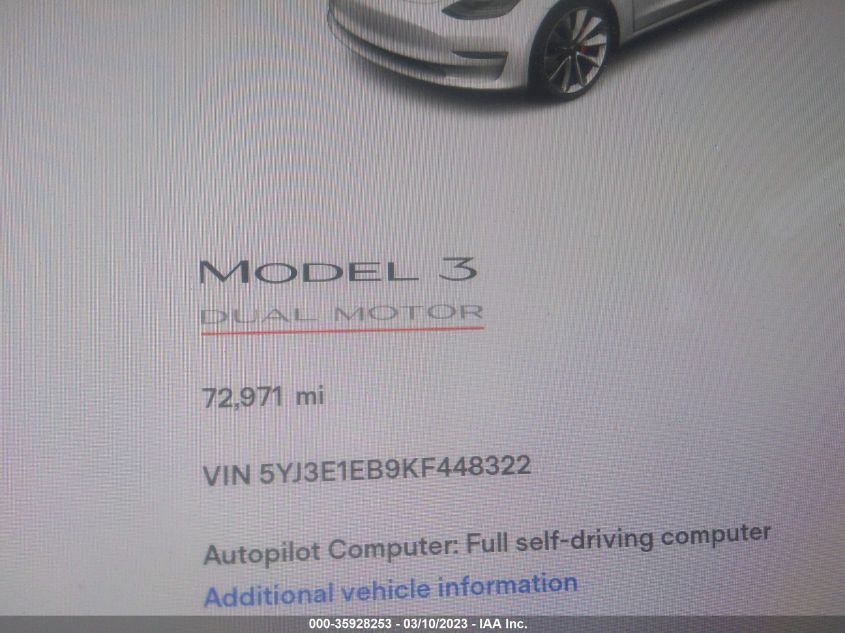 2019 TESLA MODEL 3 LONG RANGE/PERFORMANCE - 5YJ3E1EB9KF448322