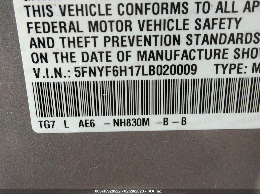 2020 HONDA PILOT LX - 5FNYF6H17LB020009