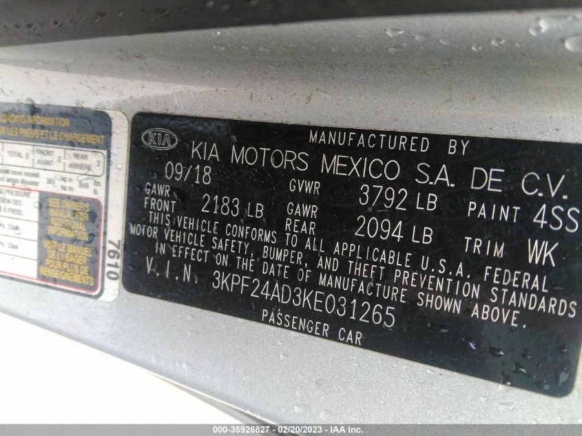 2019 KIA FORTE LXS - 3KPF24AD3KE031265