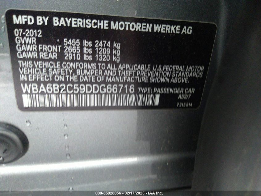 2013 BMW 6 SERIES 650I - WBA6B2C59DDG66716