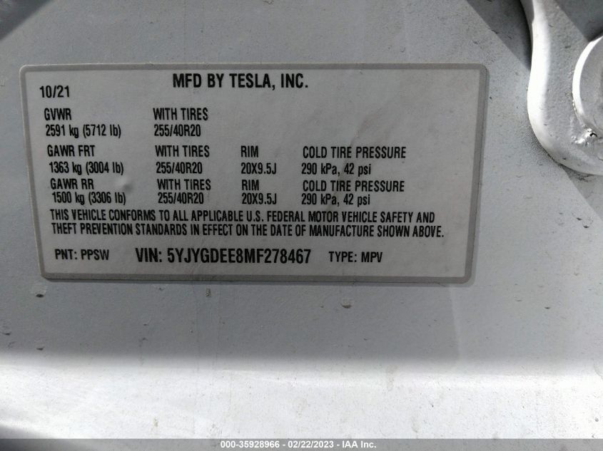 2021 TESLA MODEL Y LONG RANGE - 5YJYGDEE8MF278467