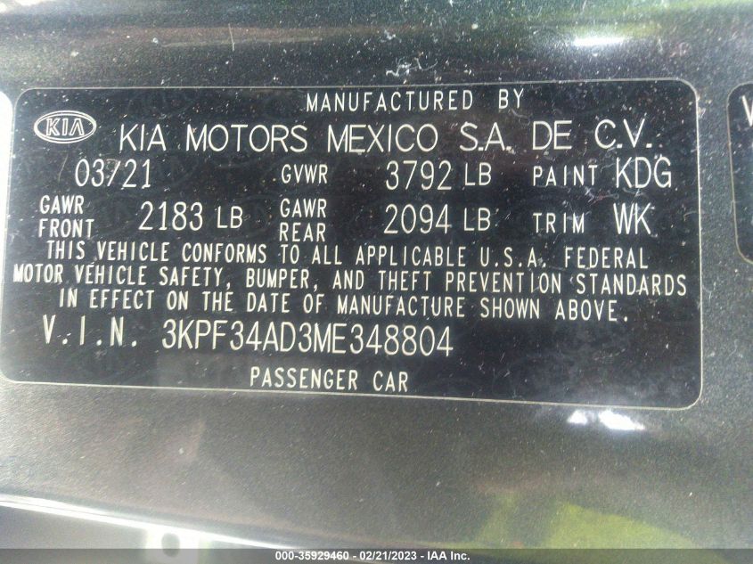 2021 KIA FORTE GT-LINE - 3KPF34AD3ME348804