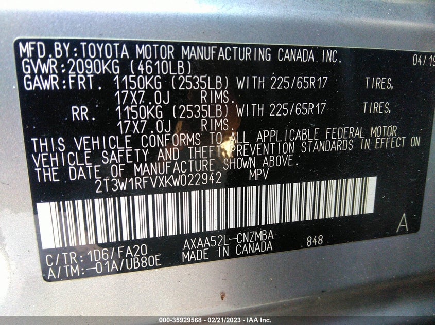 VIN 2T3W1RFVXKW022942 2019 TOYOTA RAV4 XLE