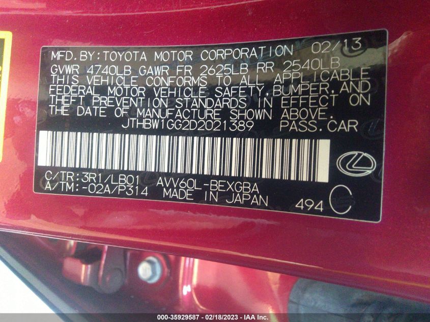 2013 LEXUS ES 300H HYBRID JTHBW1GG2D2021389