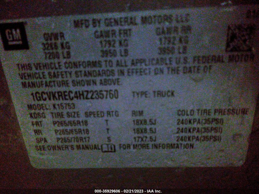 2017 CHEVROLET SILVERADO 1500 LT - 1GCVKREC4HZ235760