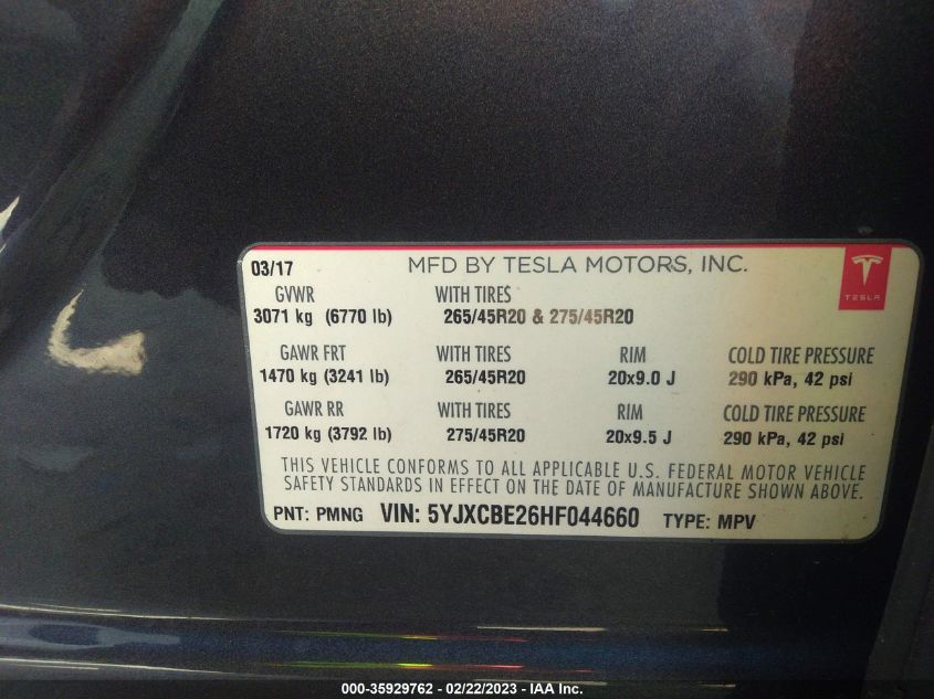 2017 TESLA MODEL X 90D/75D/100D - 5YJXCBE26HF044660