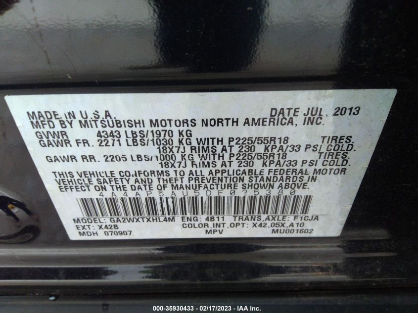 2013 MITSUBISHI OUTLANDER SPORT LE 4A4AP5AU5DE025380