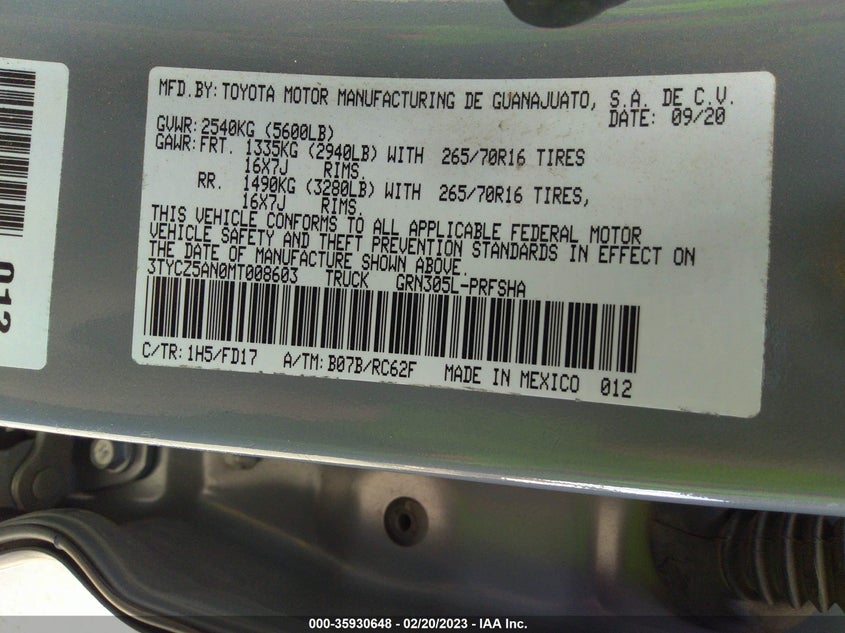 VIN 3TYCZ5AN0MT008603 2021 TOYOTA TACOMA 4WD SR/SR5/TRD SPORT