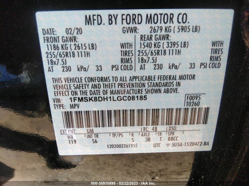 2020 FORD EXPLORER XLT - 1FMSK8DH1LGC08185