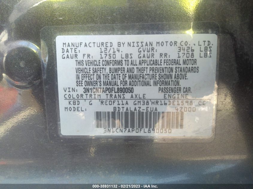 2015 NISSAN VERSA S PLUS - 3N1CN7AP0FL890050