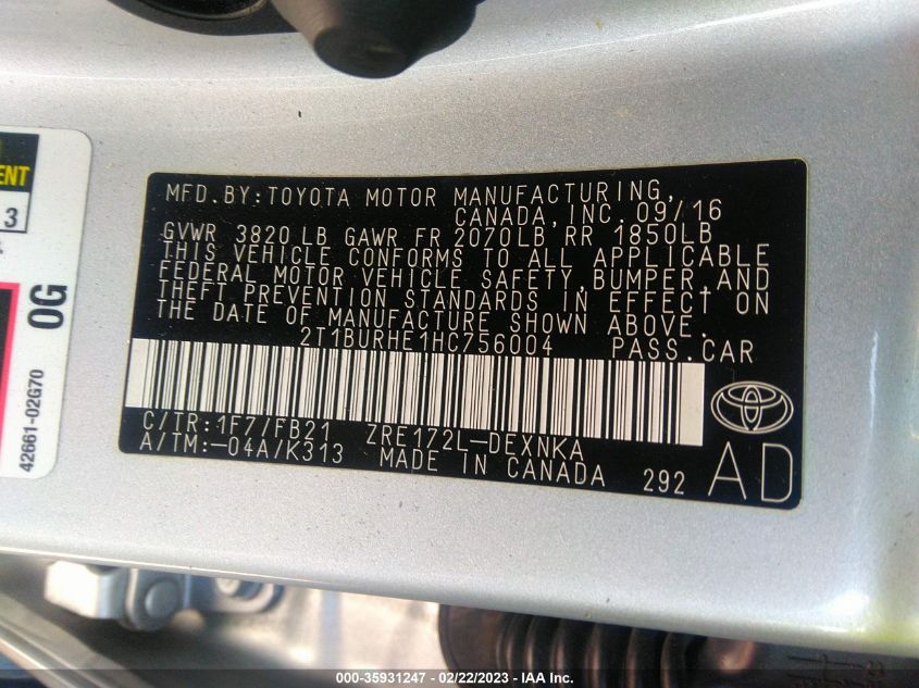 2017 TOYOTA COROLLA L/LE/XLE/SE - 2T1BURHE1HC756004