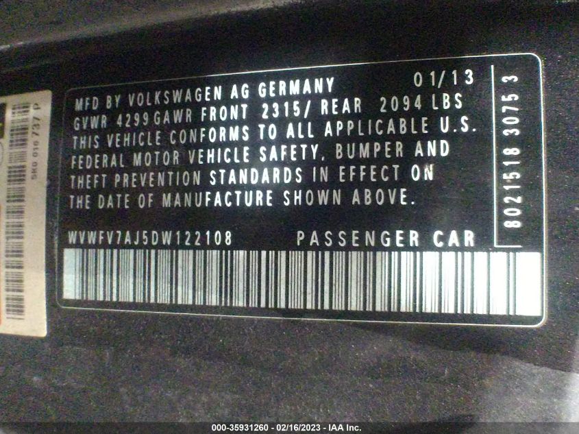 2013 VOLKSWAGEN GTI AUTOBAHN WVWFV7AJ5DW122108