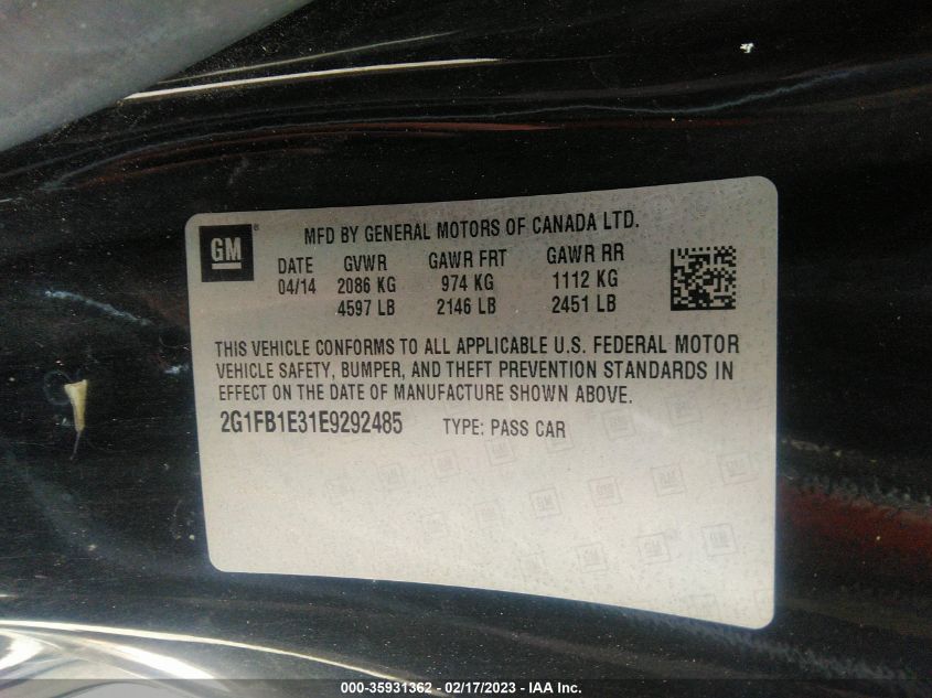2014 CHEVROLET CAMARO LT - 2G1FB1E31E9292485