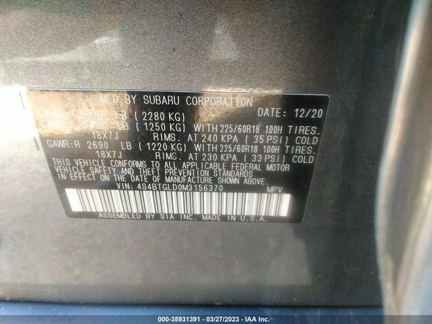 2021 SUBARU OUTBACK ONYX EDITION XT - 4S4BTGLD0M3156370