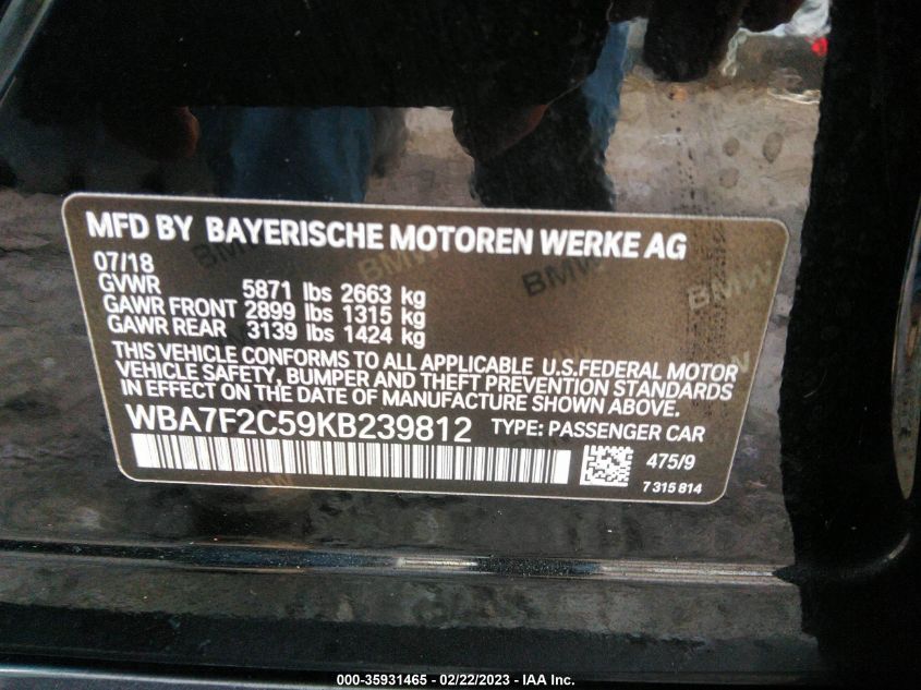 VIN: WBA7F2C59KB239812 2019 BMW 7 SERIES 750I XDRIVE