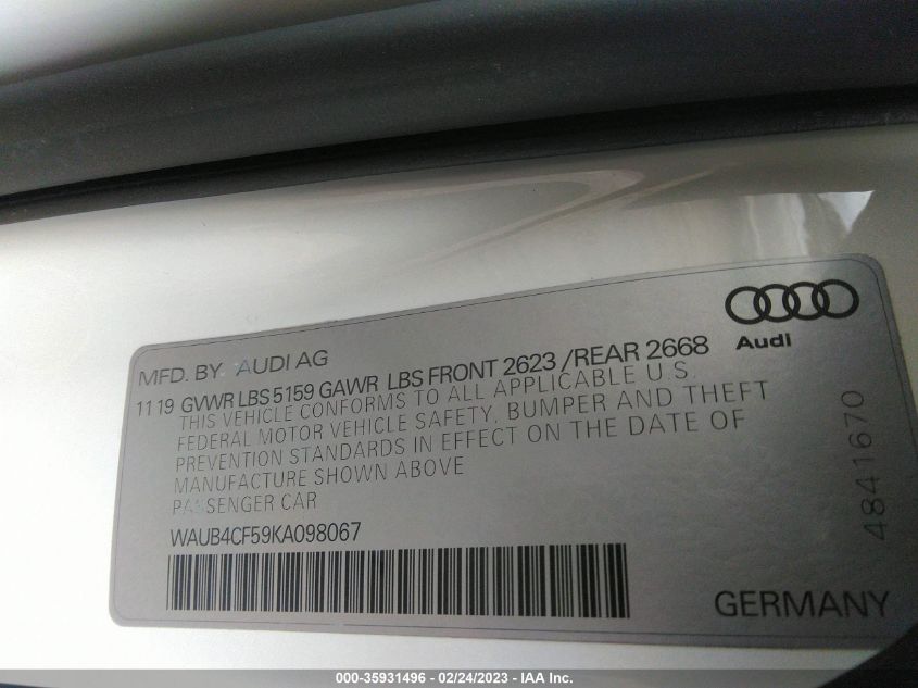 2019 AUDI S5 SPORTBACK PREMIUM PLUS WAUB4CF59KA098067