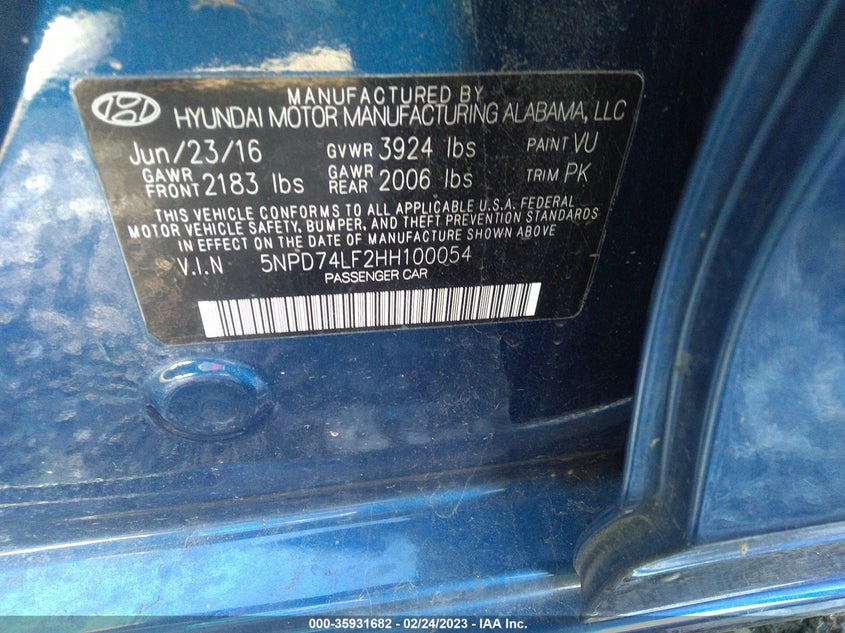 VIN 5NPD74LF2HH100054 2017 HYUNDAI ELANTRA SE