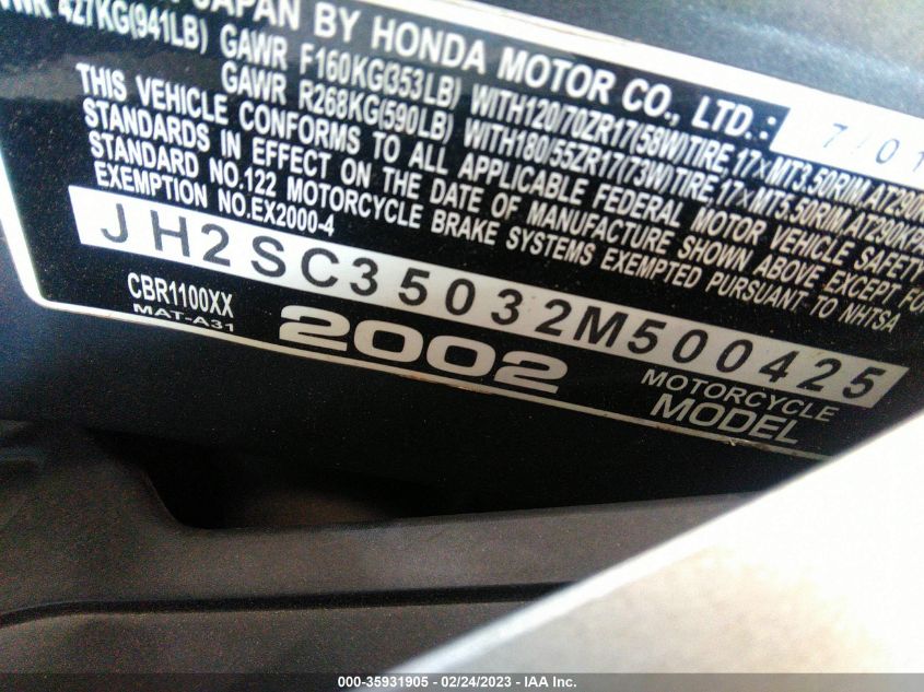 2002 HONDA CBR1100 XX JH2SC35032M500425