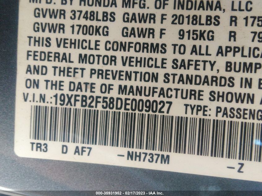 2013 HONDA CIVIC SDN LX 19XFB2F58DE009027