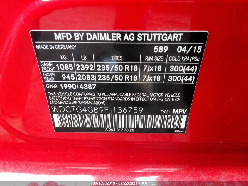 2015 MERCEDES-BENZ GLA-CLASS GLA 250 WDCTG4GB9FJ136759