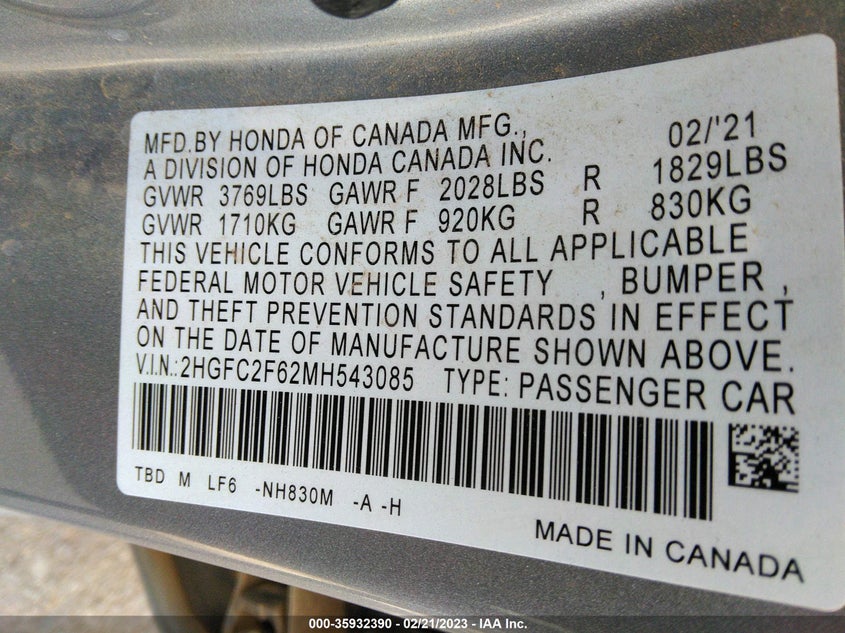 VIN 2HGFC2F62MH543085 2021 HONDA CIVIC SEDAN LX