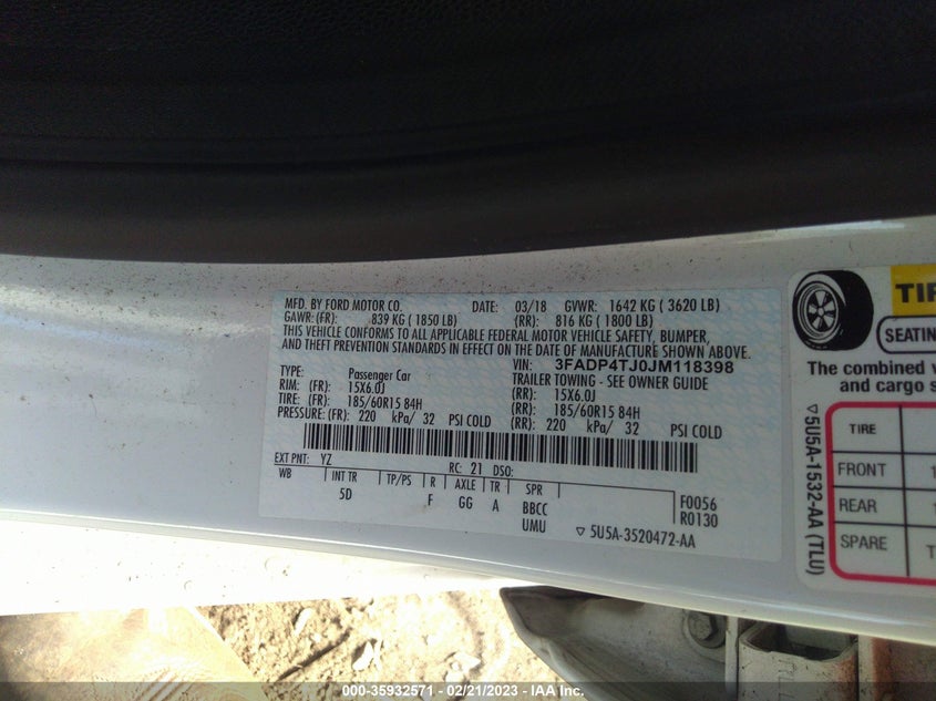VIN 3FADP4TJ0JM118398 2018 FORD FIESTA S
