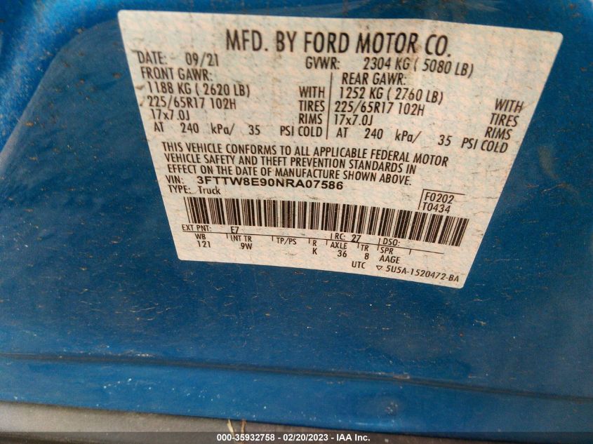 2022 FORD MAVERICK XL/XLT/LARIAT 3FTTW8E90NRA07586