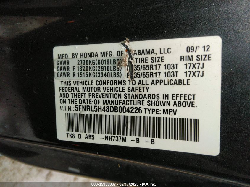 VIN 5FNRL5H48DB004226 2013 HONDA ODYSSEY no.9