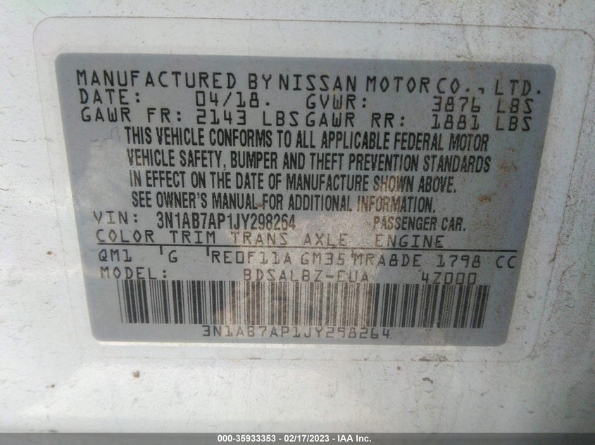 VIN 3N1AB7AP1JY298264 2018 NISSAN SENTRA S