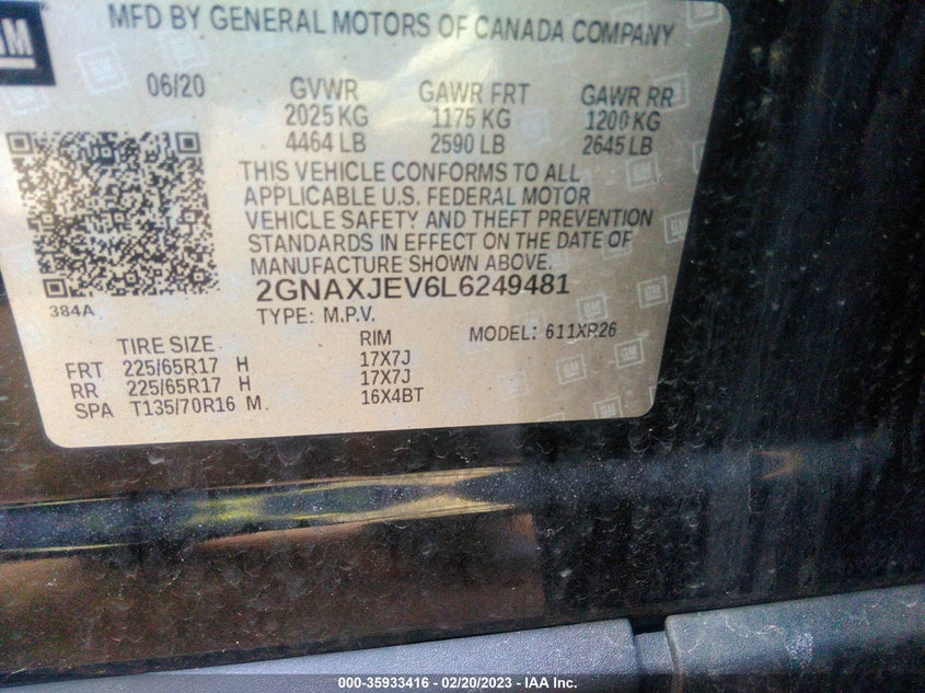 VIN 2GNAXJEV6L6249481 2020 CHEVROLET EQUINOX LT
