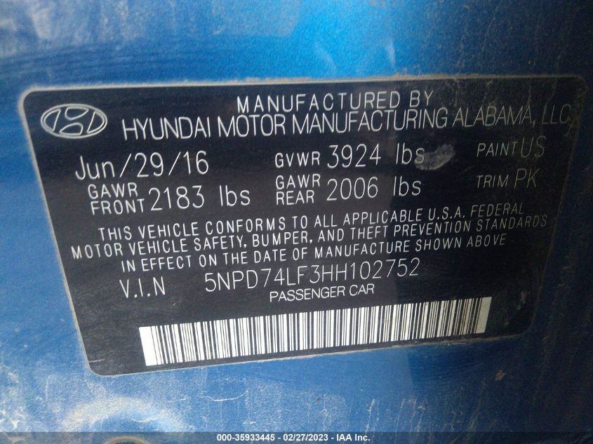 2017 HYUNDAI ELANTRA SE - 5NPD74LF3HH102752