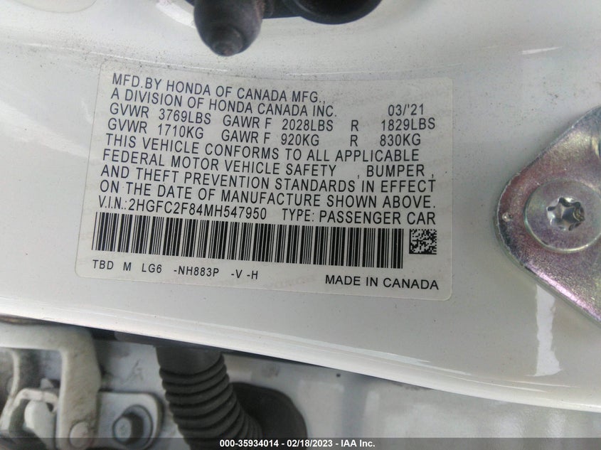 VIN 2HGFC2F84MH547950 2021 HONDA CIVIC SEDAN SPORT