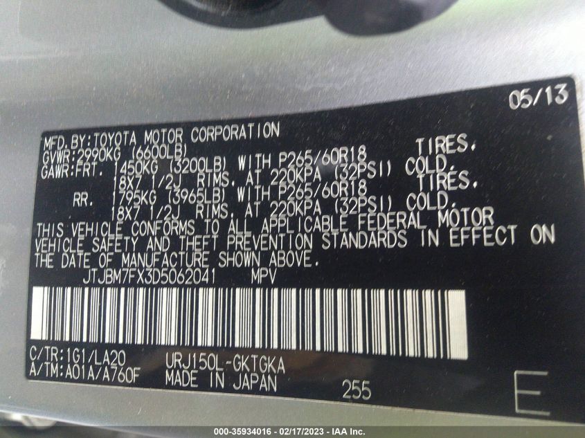 2013 LEXUS GX 460 JTJBM7FX3D5062041