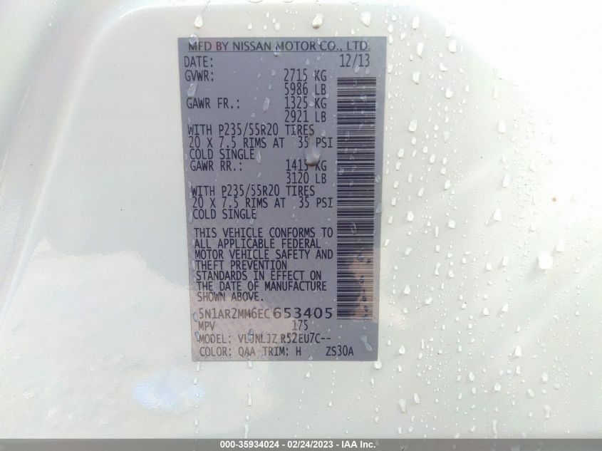 2014 NISSAN PATHFINDER PLATINUM - 5N1AR2MM6EC653405