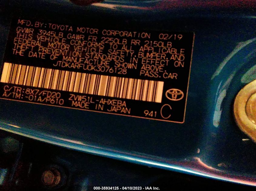 2019 TOYOTA PRIUS L ECO/LE/XLE/LIMITED - JTDKARFU0K3076128