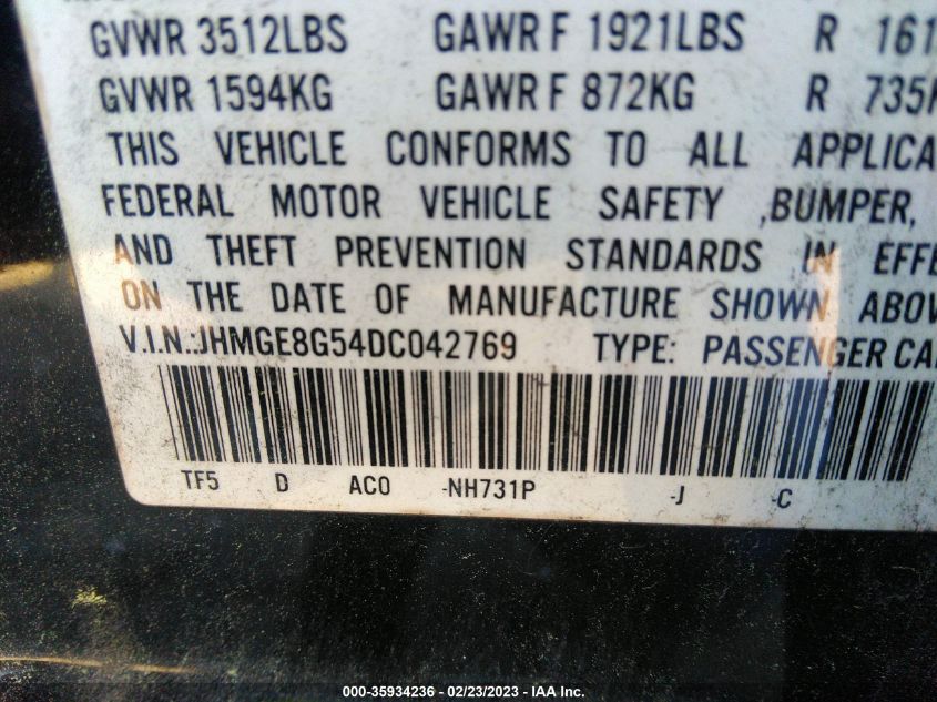 2013 HONDA FIT SPORT - JHMGE8G54DC042769