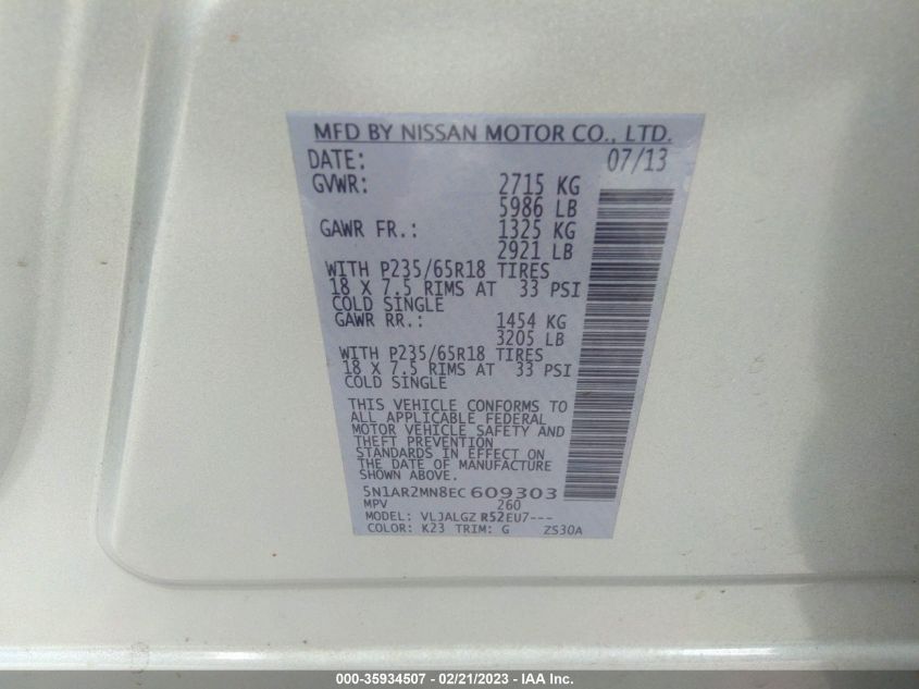 2014 NISSAN PATHFINDER SL - 5N1AR2MN8EC609303