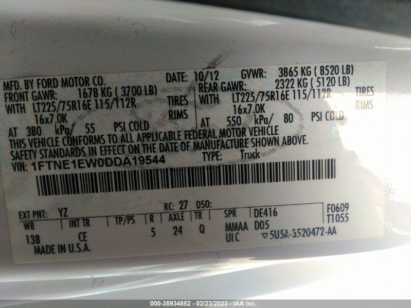 2013 FORD ECONOLINE CARGO VAN 1FTNE1EW0DDA19544