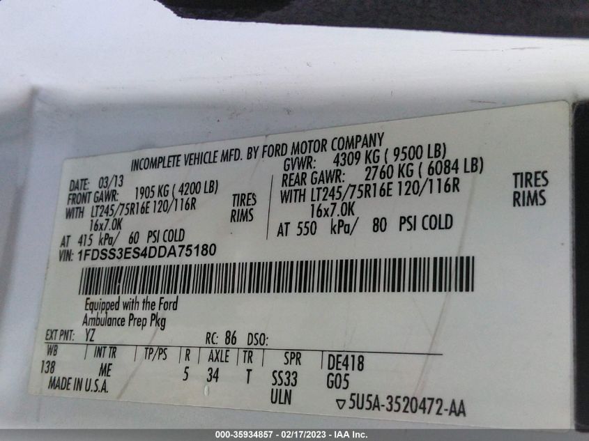 2013 FORD ECONOLINE CARGO VAN COMMERCIAL/RECREATIONAL 1FDSS3ES4DDA75180