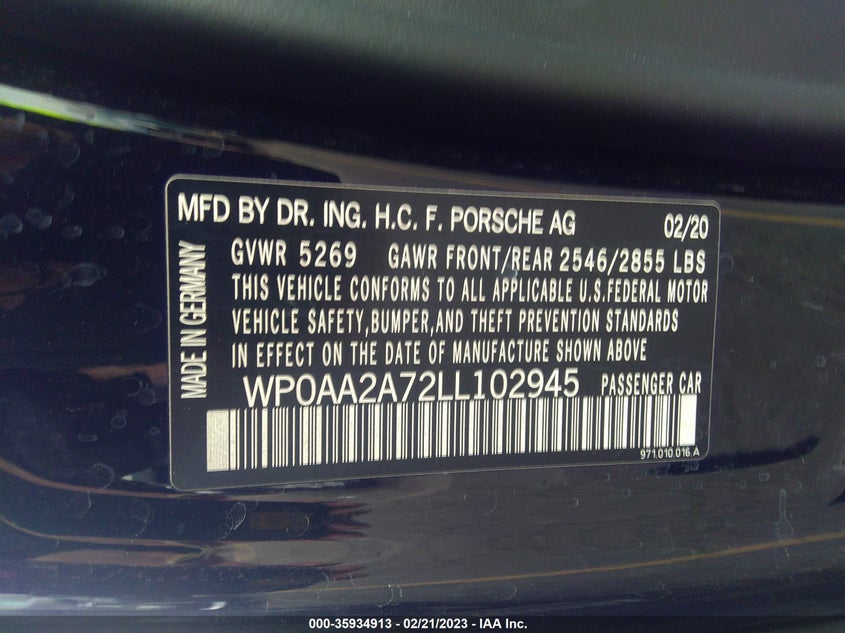 VIN WP0AA2A72LL102945 2020 PORSCHE PANAMERA