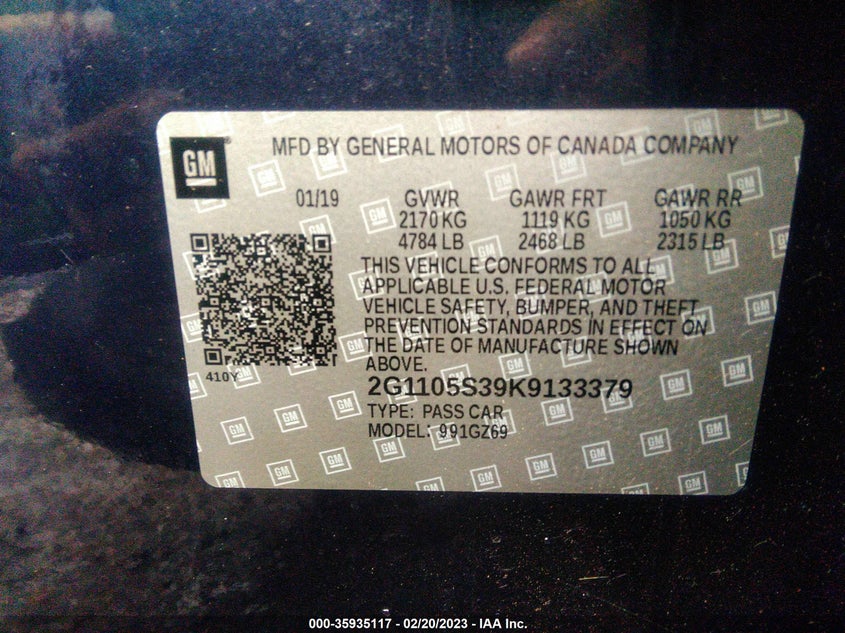 VIN 2G1105S39K9133379 2019 CHEVROLET IMPALA PREMIER