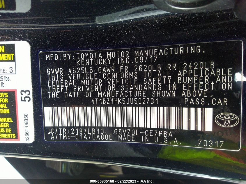2018 TOYOTA CAMRY V6 - 4T1BZ1HK5JU502731